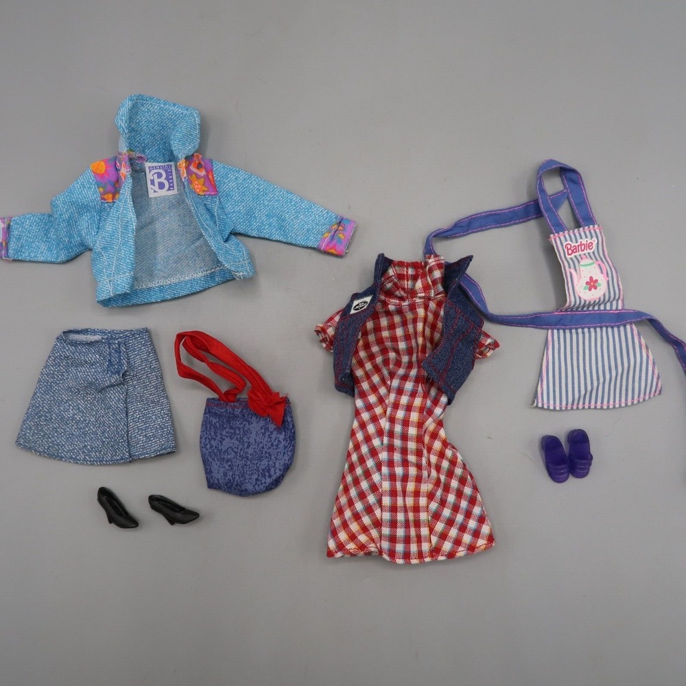 Vintage Barbie Doll Clothing Teapot Apron Plaid Dress Denim Skirt Purse Jacket